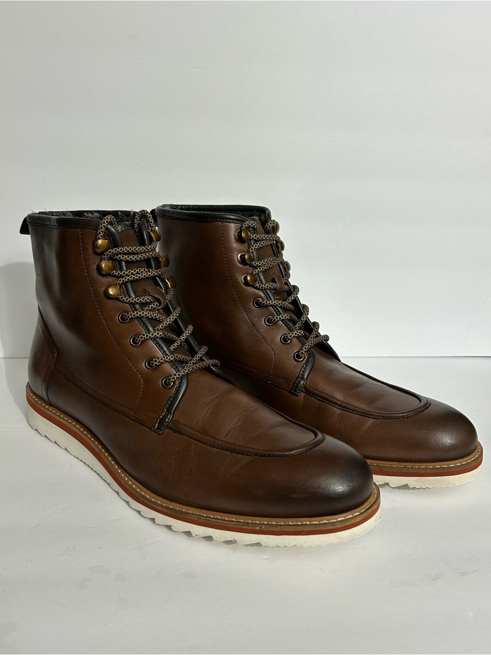 Men's Brown Leather Lace-Up Moc Toe Boots with White Sole